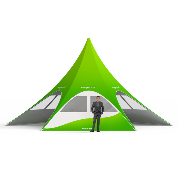 Star tent with 4 walls: 3 walls with trapezoidal windows and 1 solid wall