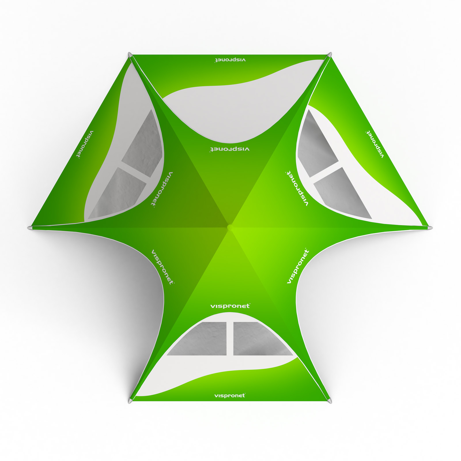 Star tent with 4 walls: 3 walls with trapezoidal windows and 1 solid wall - view from above