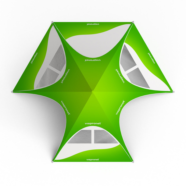 Star tent with 4 walls: 3 walls with trapezoidal windows and 1 solid wall - view from above