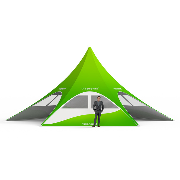 Star tent with 4 walls: 3 walls with trapezoidal windows and 1 solid wall