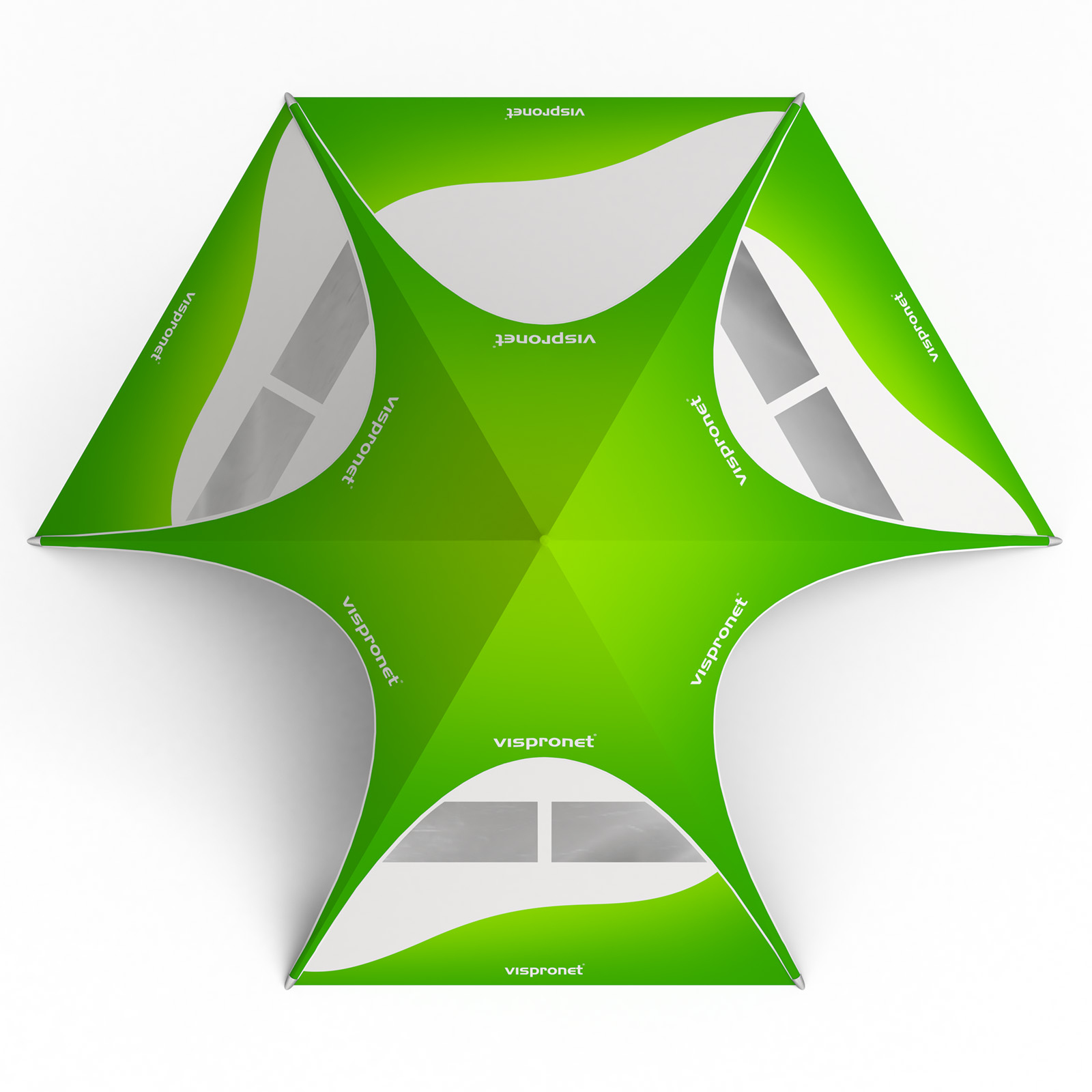 Star tent with 4 walls: 3 walls with trapezoidal windows and 1 solid wall - view from above