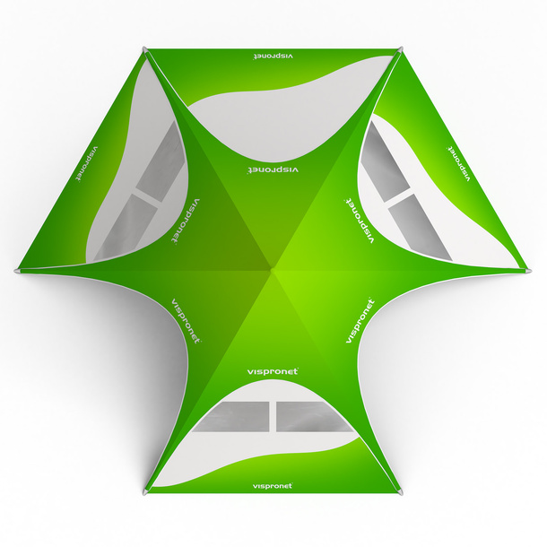 Star tent with 4 walls: 3 walls with trapezoidal windows and 1 solid wall - view from above