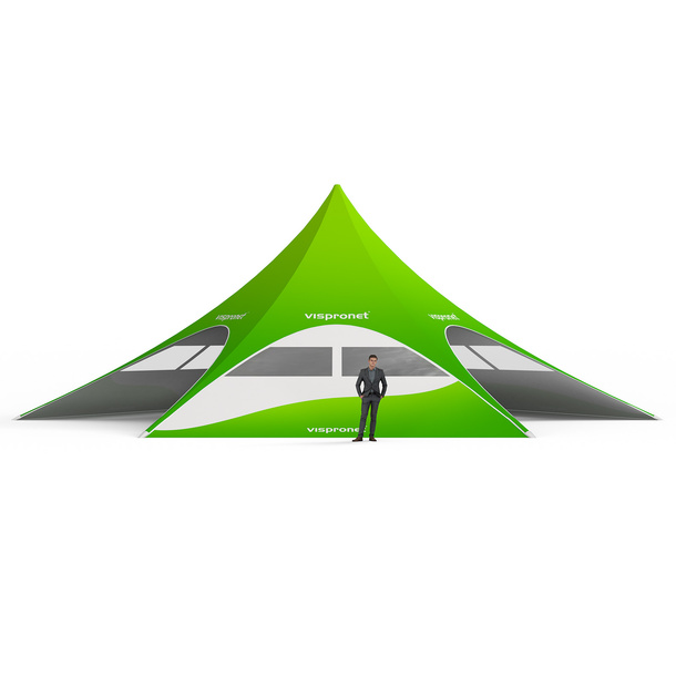 Star tent with 4 walls: 3 walls with trapezoidal windows and 1 solid wall
