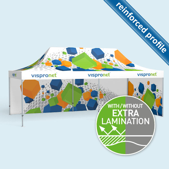 Pop up tent Premium 4 x 8 m with 2 closed walls and print
