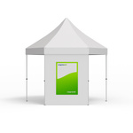Interchangeable banners in portrait format for tent walls, with printing