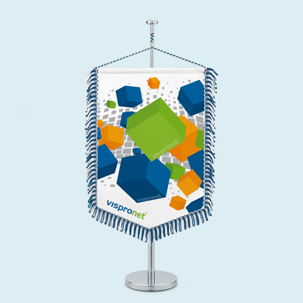 Table banner with white/dark blue loop fringes, size 20 x 30 cm