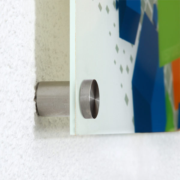 Acrylic glass panel with stainless steel wall standoff mounts, wall offset 20 mm