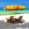 Small umbrella with yellow edging tape, for use as a beach sun umbrella