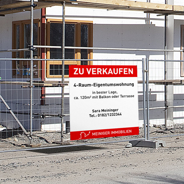 square construction sign with apartment listings