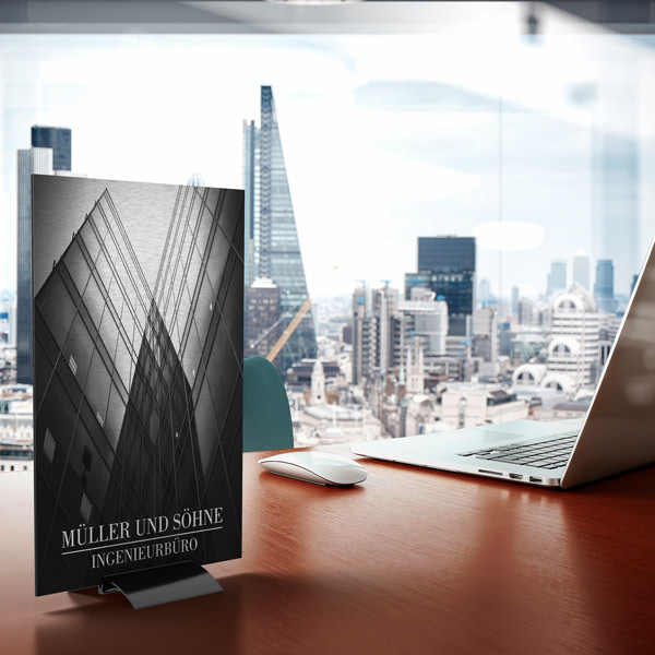 Aluminum composite panels silver, brushed: Table advertising media with shimmering appearance