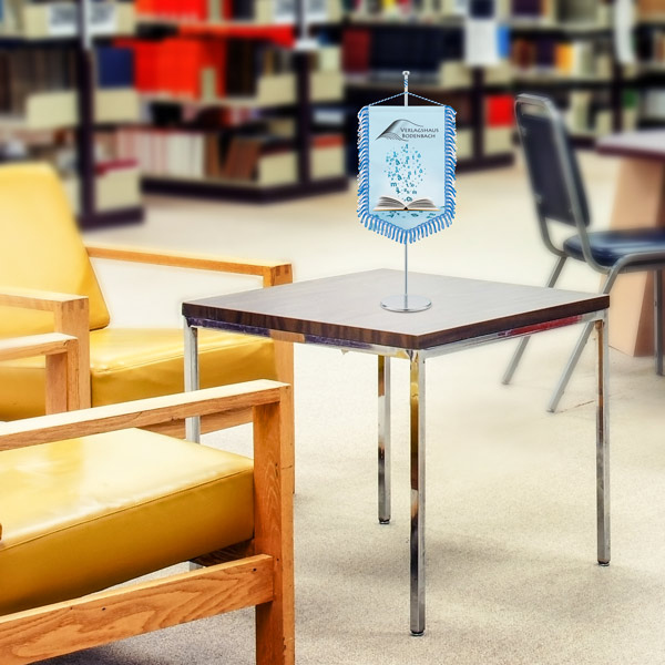 Promotional table banner in the library reading area: informative & decorative