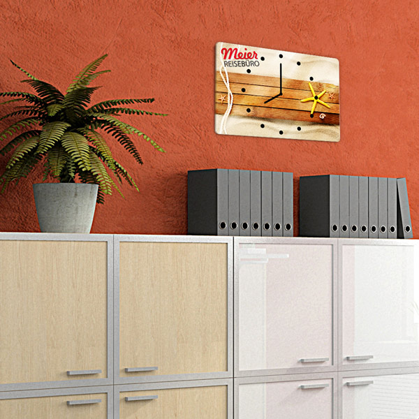 Wall clock with company advertising, custom designed with Visprodesign®