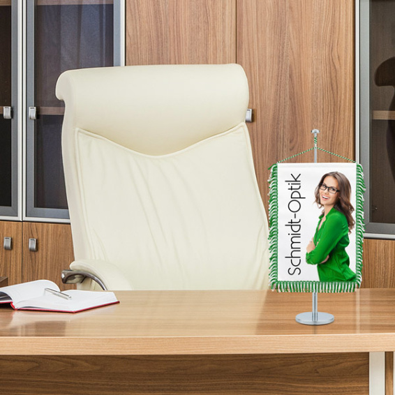 Rectangular table banner with loop fringe, used as decoration on consultation tables