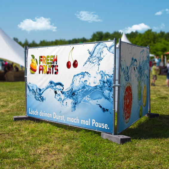 Tarpaulins for construction fences, used as mobile advertising at events or festivals