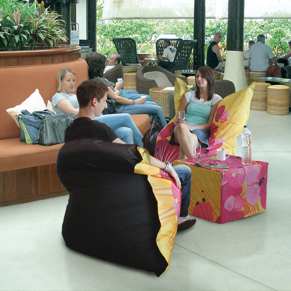 Square bean bag, front side with motif, back side black, size 140 x 180 cm