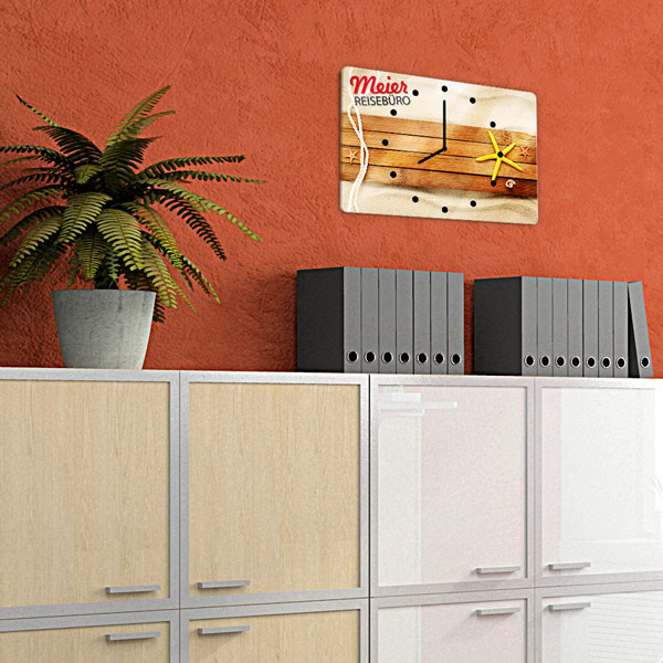 Wall clock with company advertising, custom designed with Visprodesign®