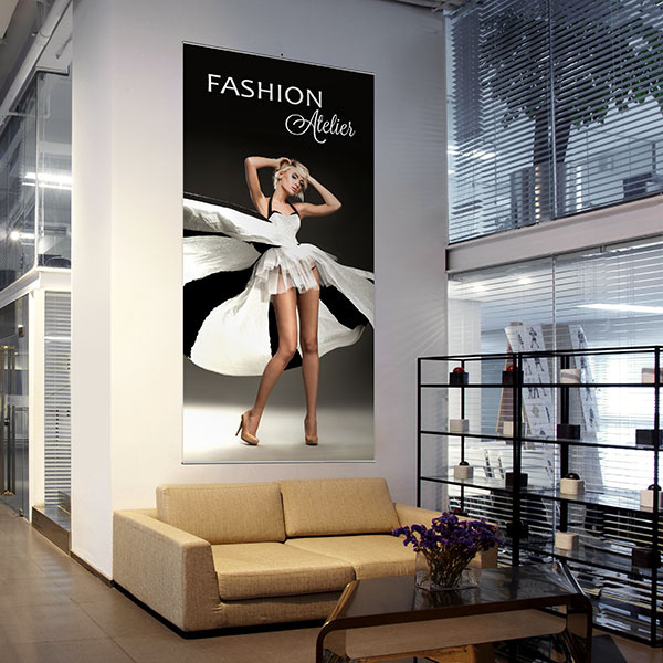 Textile poster with metal hanging rails for furnishing waiting areas