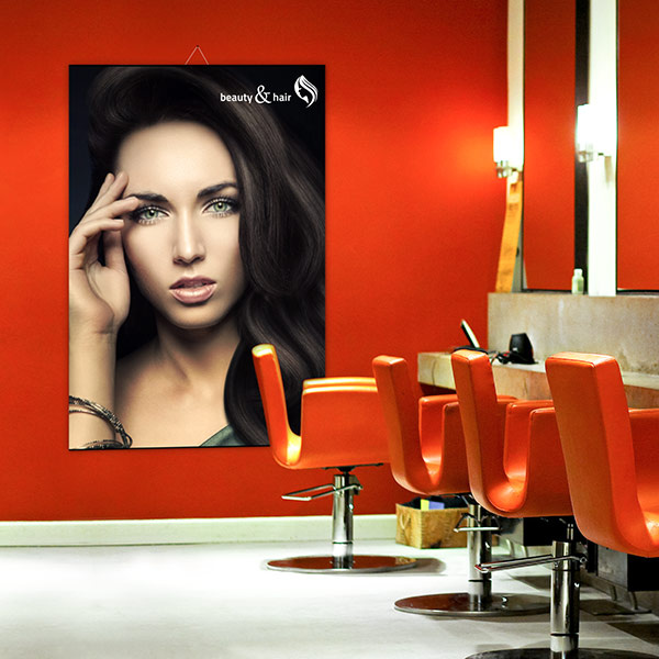 Decorative textile poster with metal edging in the hair salon