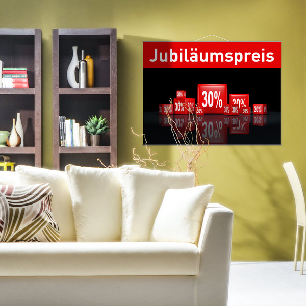 Textile posters with current discount promotions in the furniture store