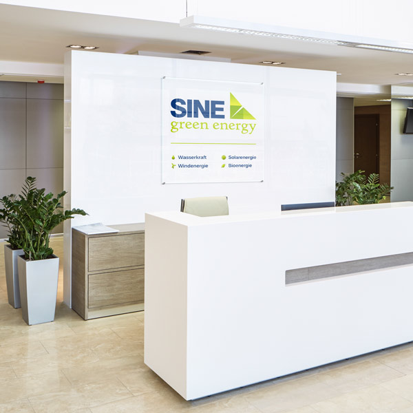 square company sign made of acrylic glass, motif printed in white on the reverse side