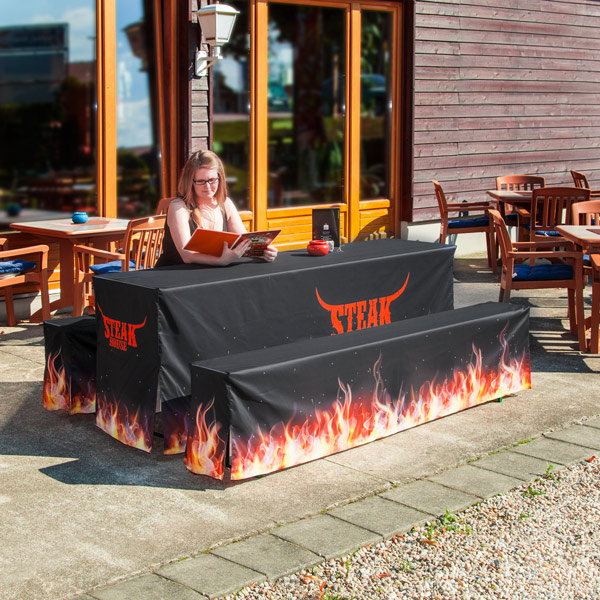 Beer tent set with full-length beer table and bench covers