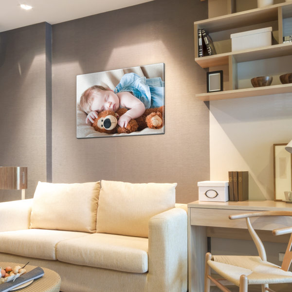 Poster on photo canvas with stretcher frame as wall art in the living room