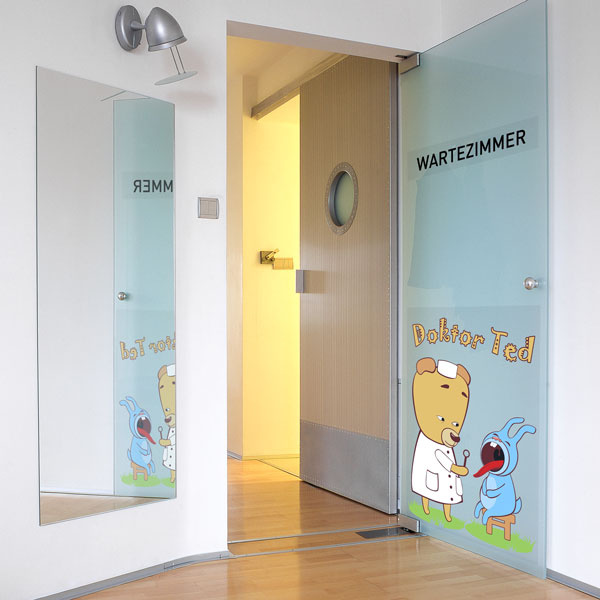 transparent, square sticker with child-friendly door design