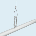 Hanging detail: Eye bolt and stainless steel cable with carabiner hook