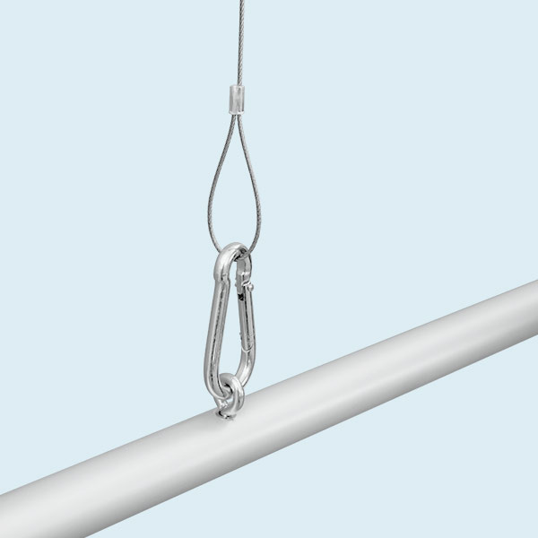 Hanging detail: Eye bolt and stainless steel cable with carabiner hook