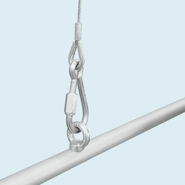 Hanging detail: Eye bolt and wire suspension cable with screw carabiner