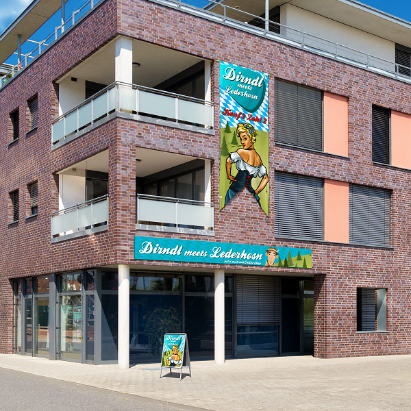 Banner flags with swallowtail design for facade advertising