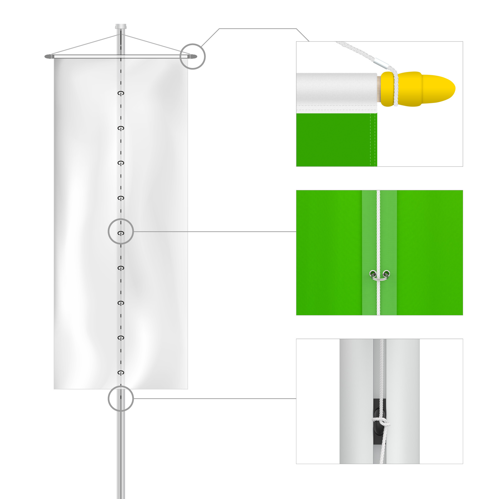 Banner flag with ring tape reinforcement, top edge with a hem made of binding tape