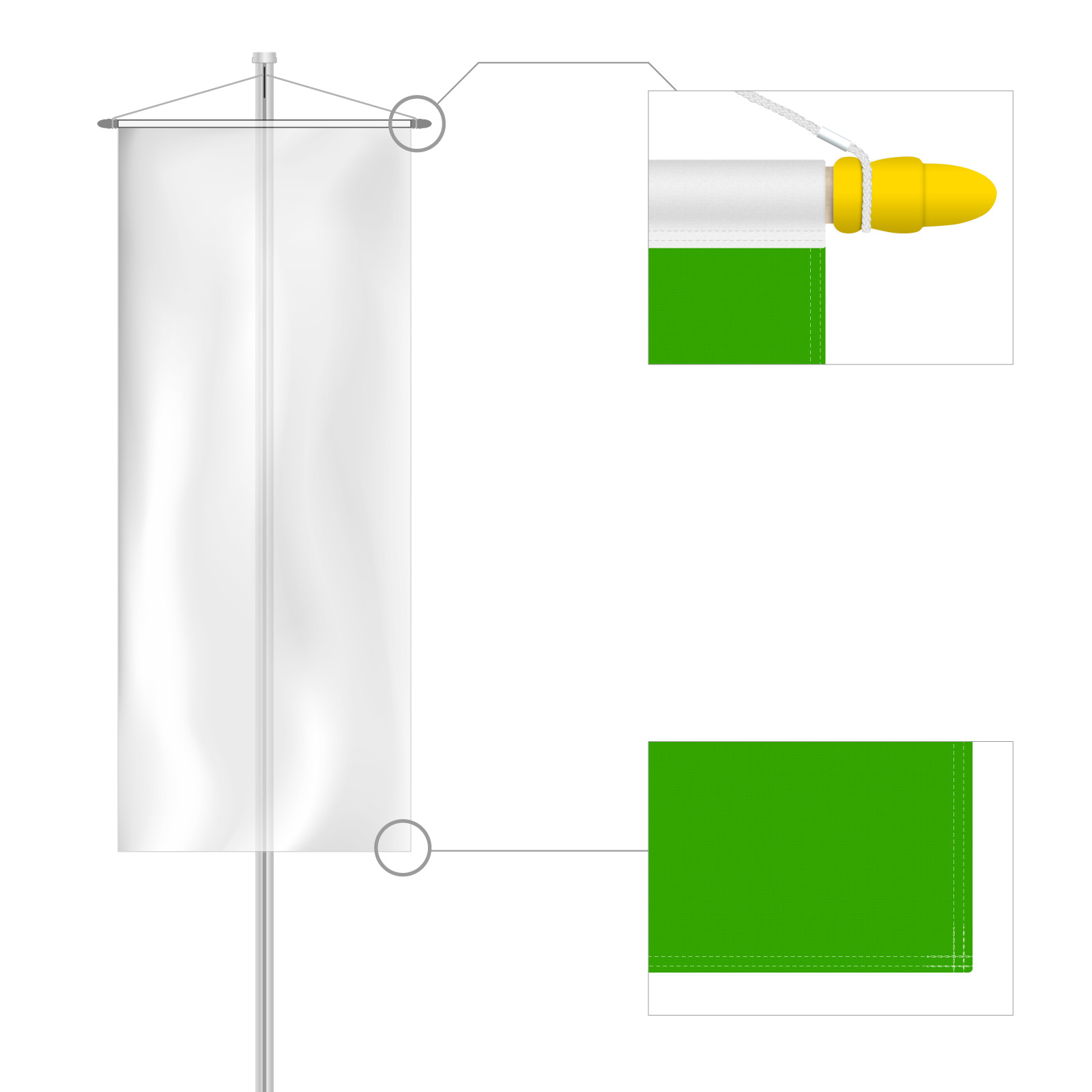 Banner flag, top edge with a hemmed pocket made of white binding tape