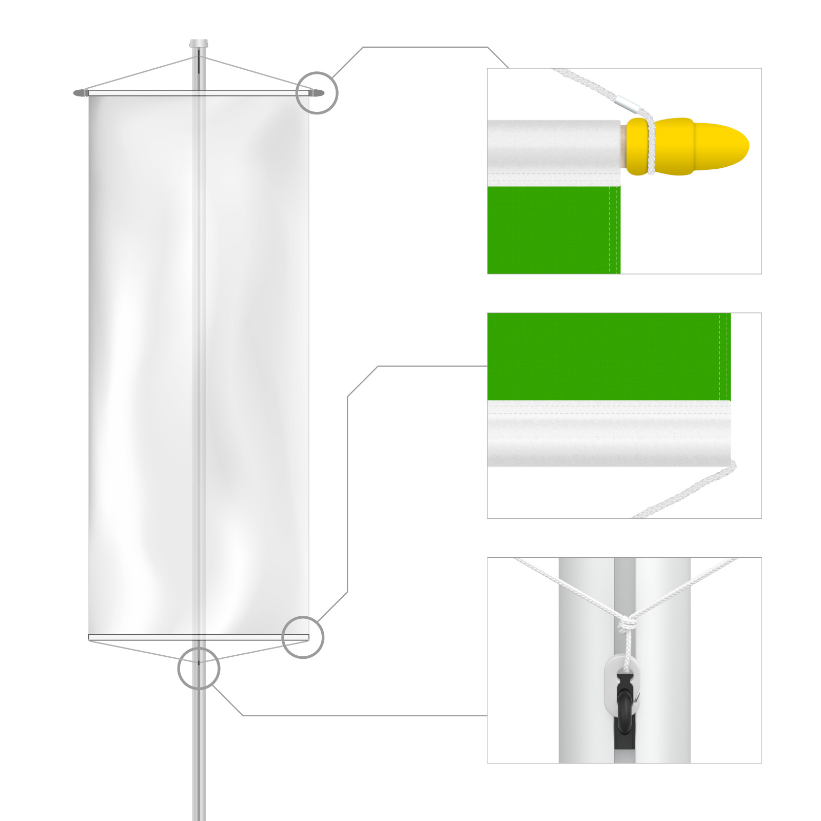 Banner flag with storm protection, top and bottom edges with a hem made of binding tape