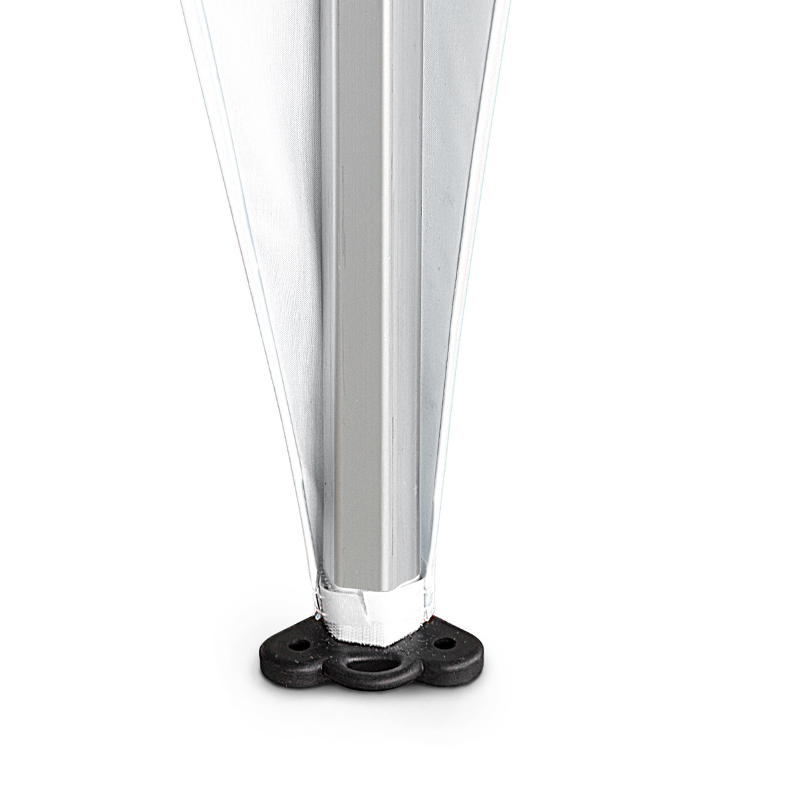 Lower attachment of the corner banners to the tent pole using hook-and-loop tape