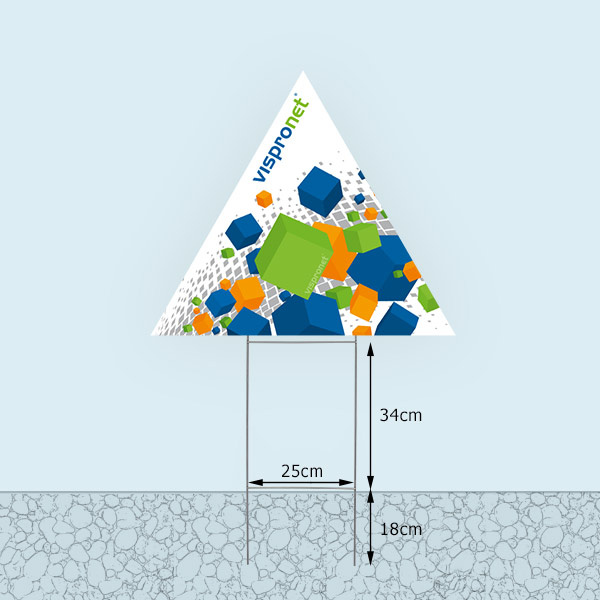 Bottom edge of garden sign, variable height above ground level: approximately 34 cm - 44 cm