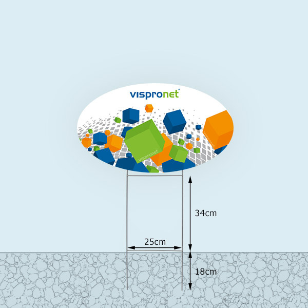 Bottom edge of garden sign, variable height above ground level: approximately 34 cm - 44 cm