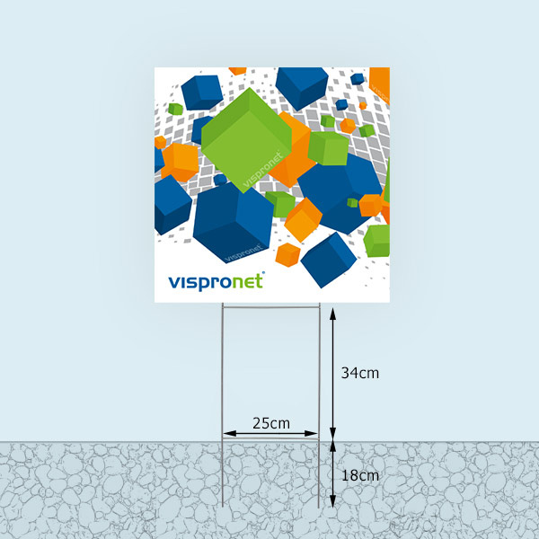 Bottom edge of garden sign, variable height above ground level: approximately 34 cm - 44 cm