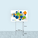 Bottom edge of garden sign, variable height above ground level: approximately 34 cm - 44 cm