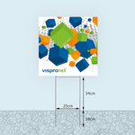 Bottom edge of garden sign, variable height above ground level: approximately 34 cm - 44 cm