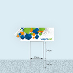 Bottom edge of garden sign, variable height above ground level: approximately 34 cm - 44 cm