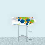 Bottom edge of garden sign, variable height above ground level: approximately 34 cm - 44 cm