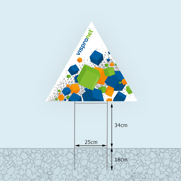Bottom edge of garden sign, variable height above ground level: approximately 34 cm - 44 cm