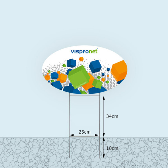 Bottom edge of garden sign, variable height above ground level: approximately 34 cm - 44 cm