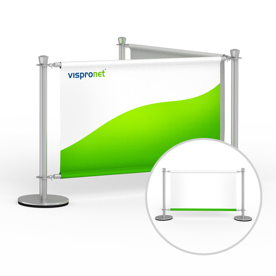 Cafe banner corner configuration, single-sided printed, back side white