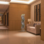 Brochure stand with informational materials in the foyer