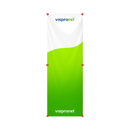 Tension banner in portrait format with clamp eyelets