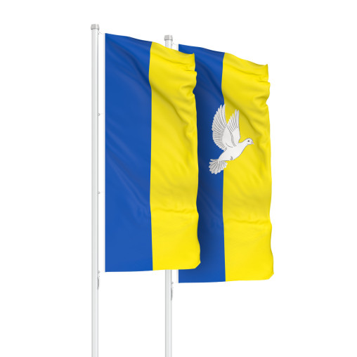 National flag of Ukraine and flag in colours of Ukraine with dove of peace