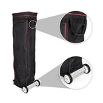 Trolley made of fabric, with handle and sturdy wheels for easy transport.