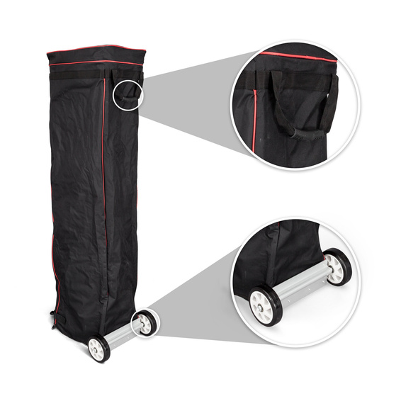 Trolley made of fabric, with handle and sturdy wheels for easy transport.